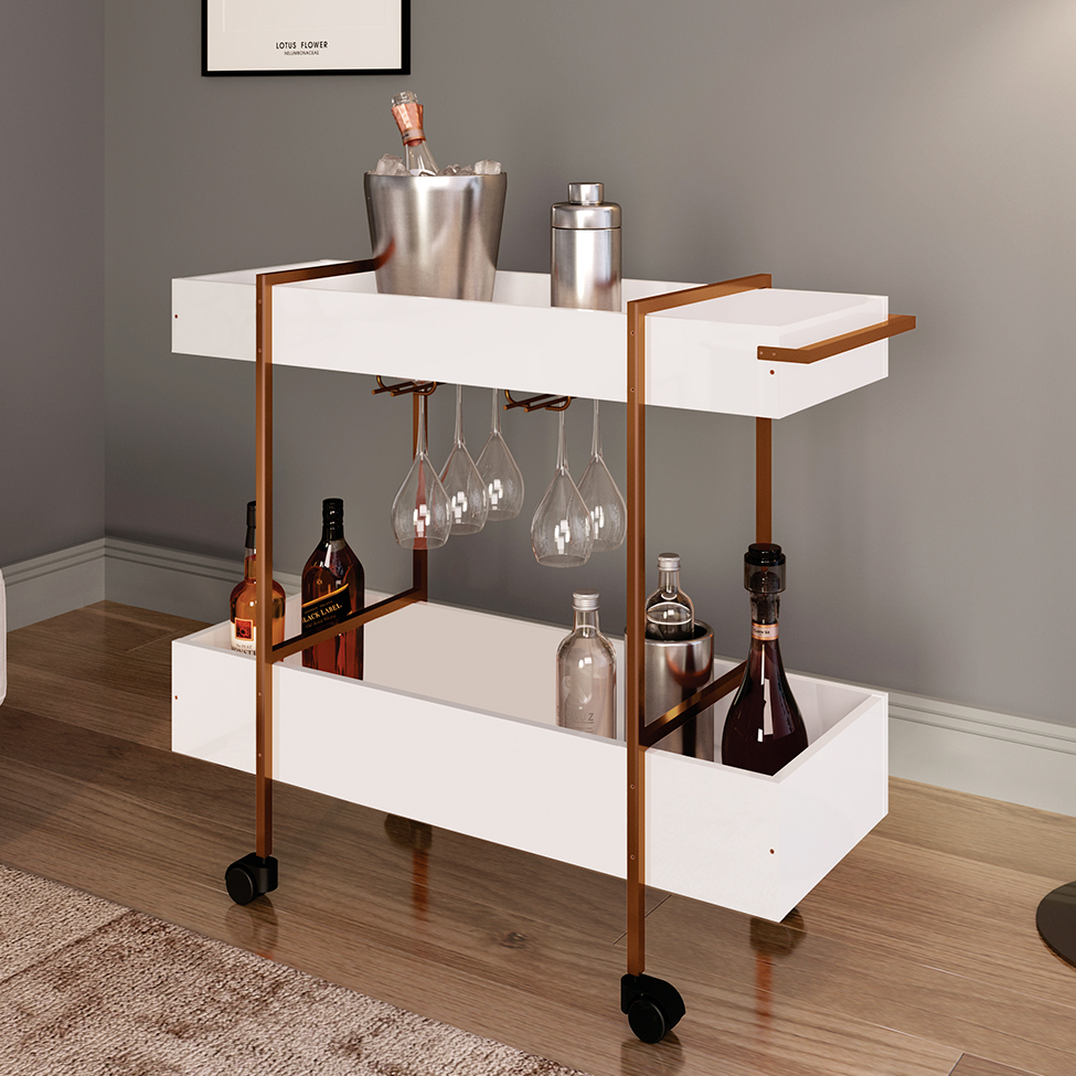 Carrinho Bar Vermont Branco e Cobre