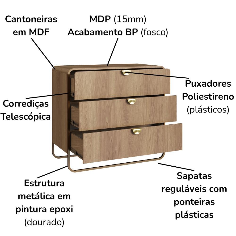 Comoda 3 Gavetas Organica 90 cm 28068 Hanover Dourado Artesano