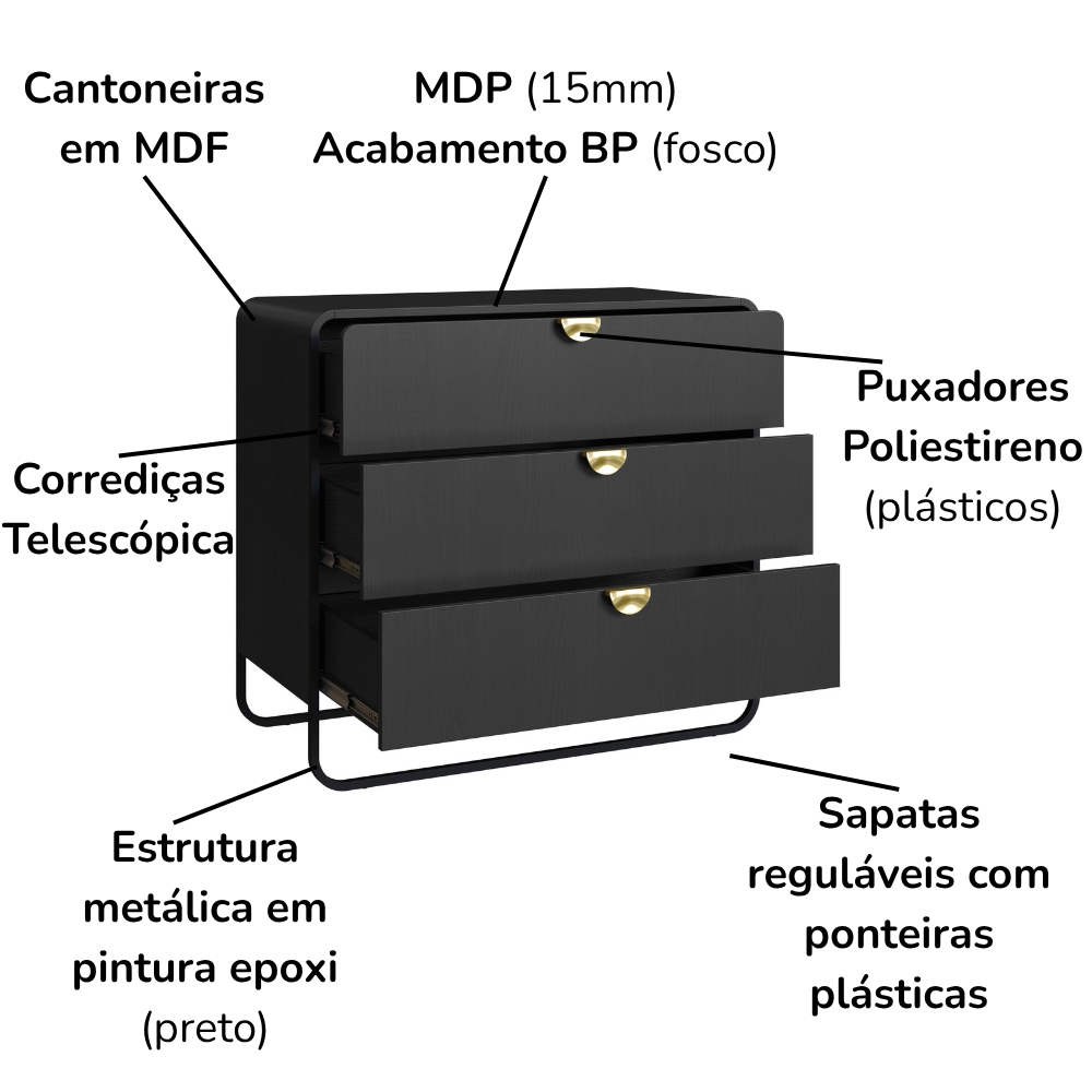 Comoda 3 Gavetas Organica 90 cm 28068 Nero Preto Artesano