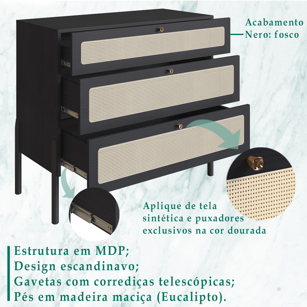 Comoda 3 Gv Corrediças Telesc Pes Madeira 27934 Oslo Nero Artesano
