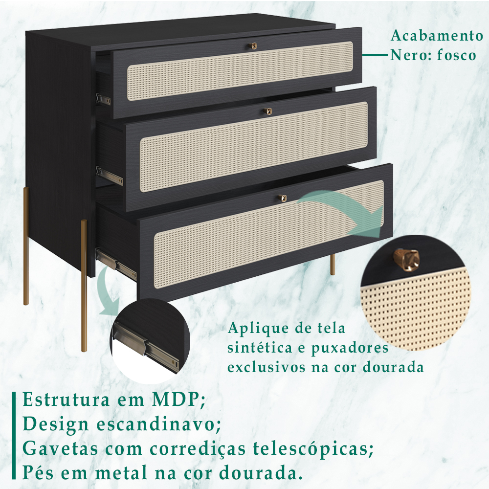 Comoda 3 Gv Corrediças Telesc Pes Metal Oslo 28934 Nero Artesano