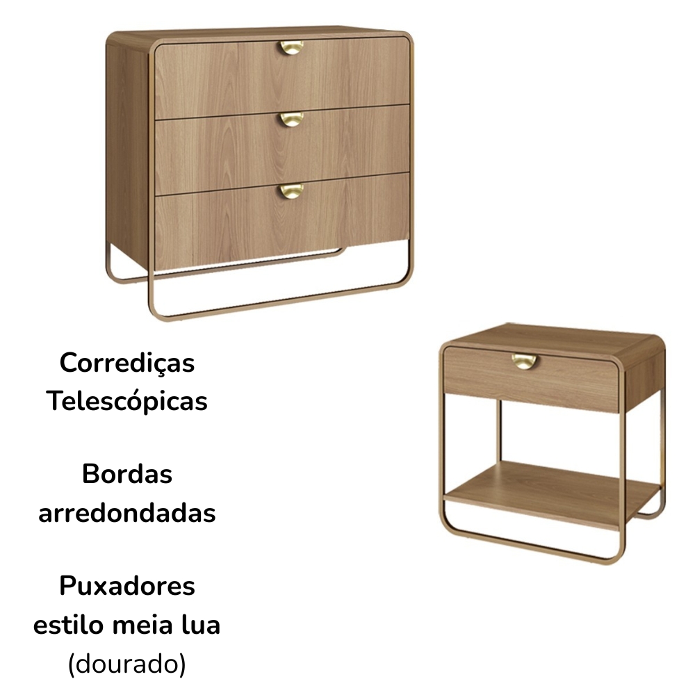 Comoda E 02 Mesas de Cabeceira Organica Hanover Dourado Artesano