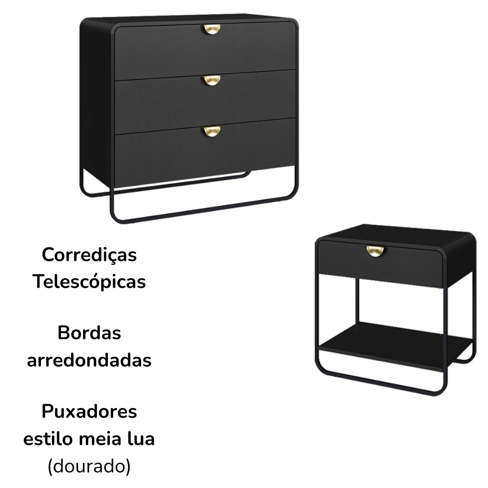 Comoda E 02 Mesas de Cabeceira Organica Nero Preto Artesano