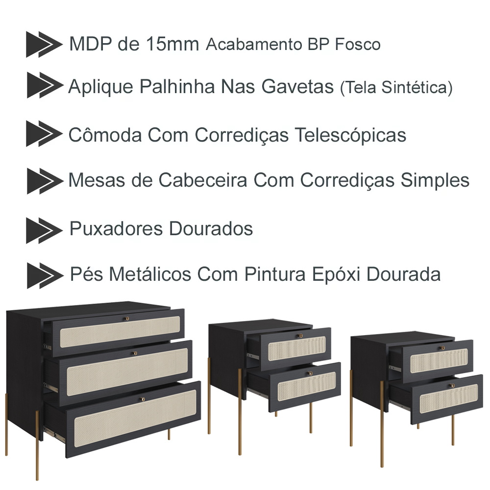 Comoda E 02 Mesas de Cabeceira Palhinha 28934x28933 Linha Oslo Nero Artesano