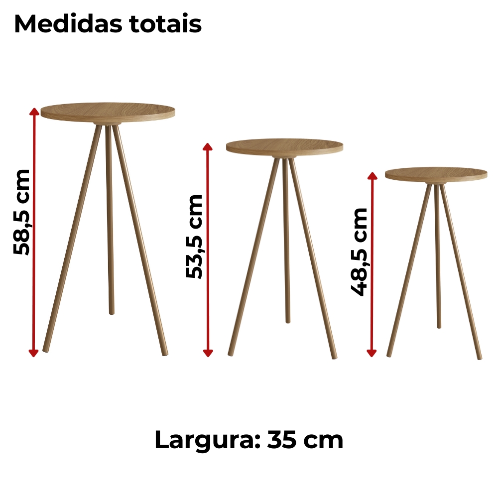 Conjunto 3 Mesas Laterais Sala Estar 27957 Hanover Dourado Artesano
