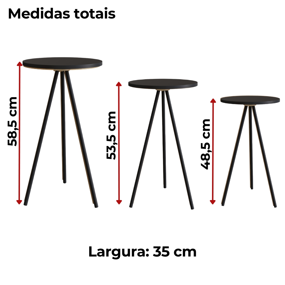 Conjunto 3 Mesas Laterais Sala Estar 27957 Preto Artesano
