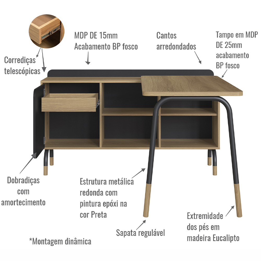 Conjunto Escritório Mesa L Gaveteiro 28002X998X996 Hanover Nero Artesano