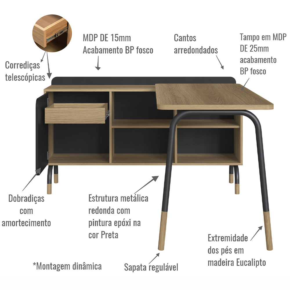 Conjunto Escritório Mesa L Gaveteiro 28003X27998 Hanover Preto Artesano