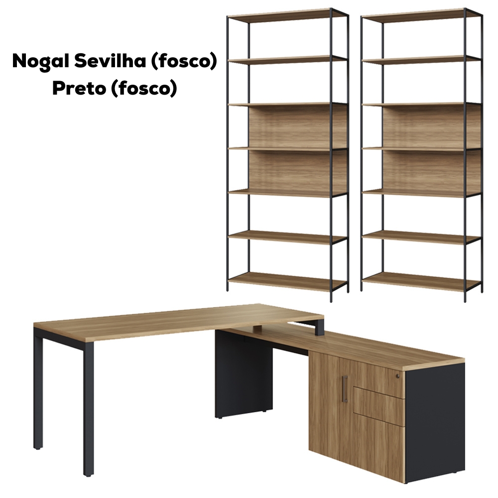Conjunto Escritorio 3 Pecas Office 25910 Nogal Sevilha Preto Artesano