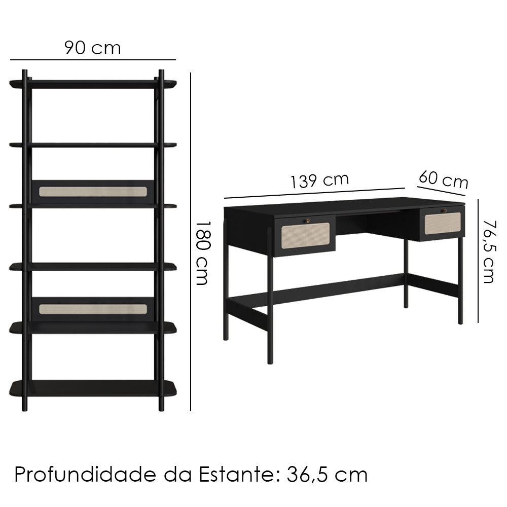 Conjunto Estante E Escrivaninha Pes Madeira 27974 Nero Preto Artesano