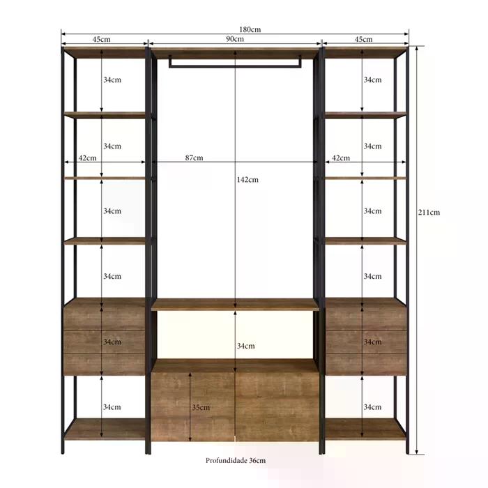 Conjunto Estantes Para Closet Steel Quadra 27802 Vermont Preto Fosco Artesano