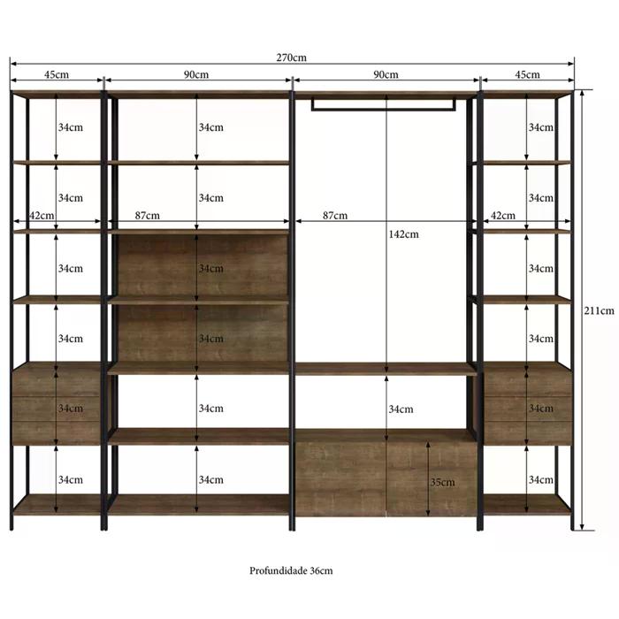 Conjunto Estantes Para Closet Steel Quadra 27804 Vermont Preto Fosco Artesano