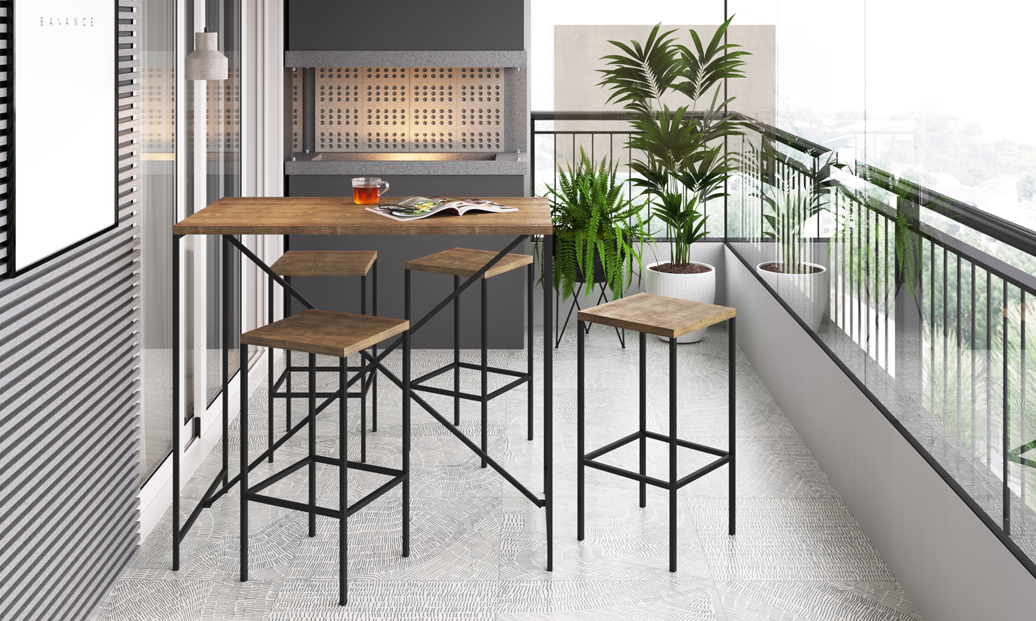 Conjunto Mesa De Jantar 100x60 Com Banquetas Steel Quadra 27848 Vermont Preto Fosco Artesano