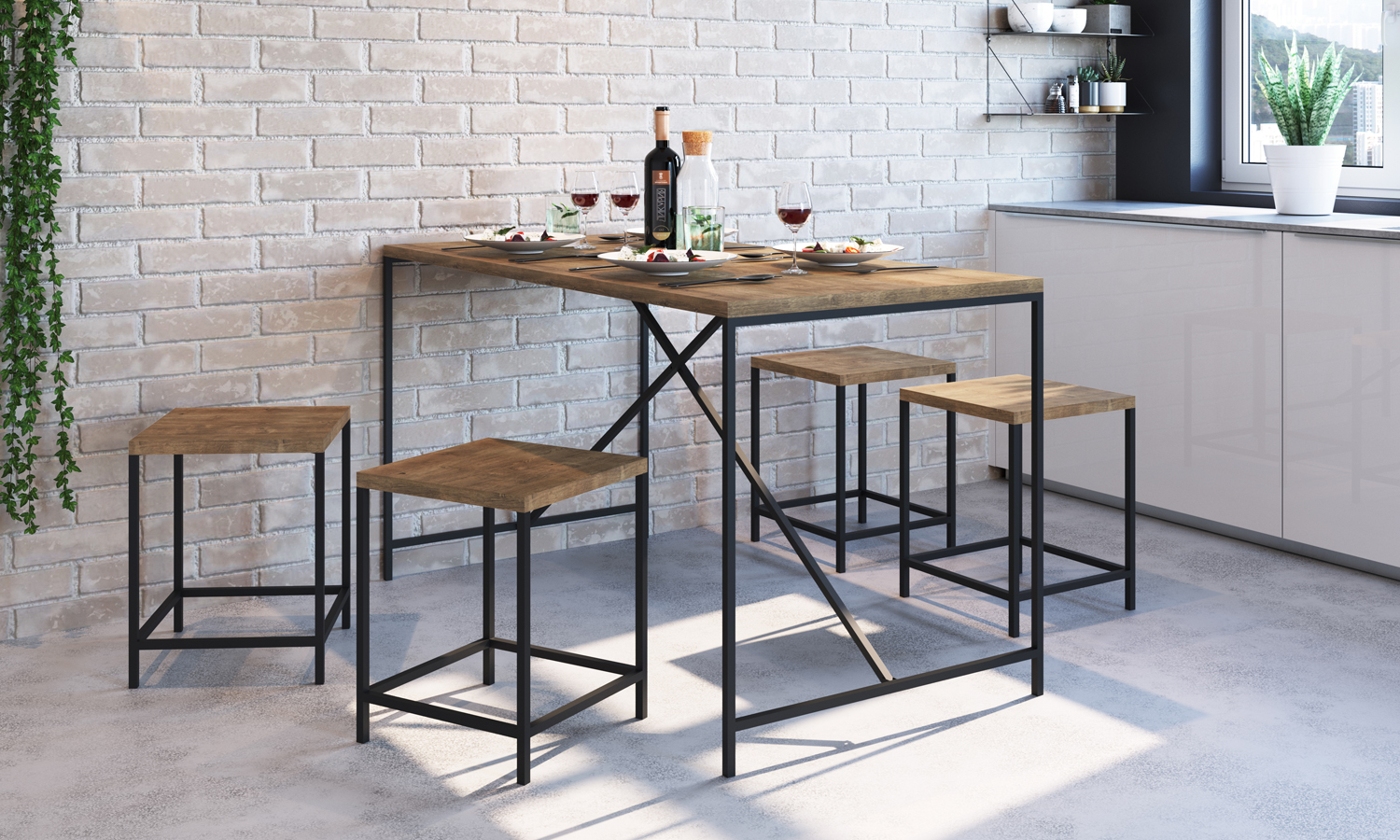 Conjunto Mesa De Jantar 136x69 Com Banquetas Steel Quadra 27847 Vermont Preto Fosco Artesano