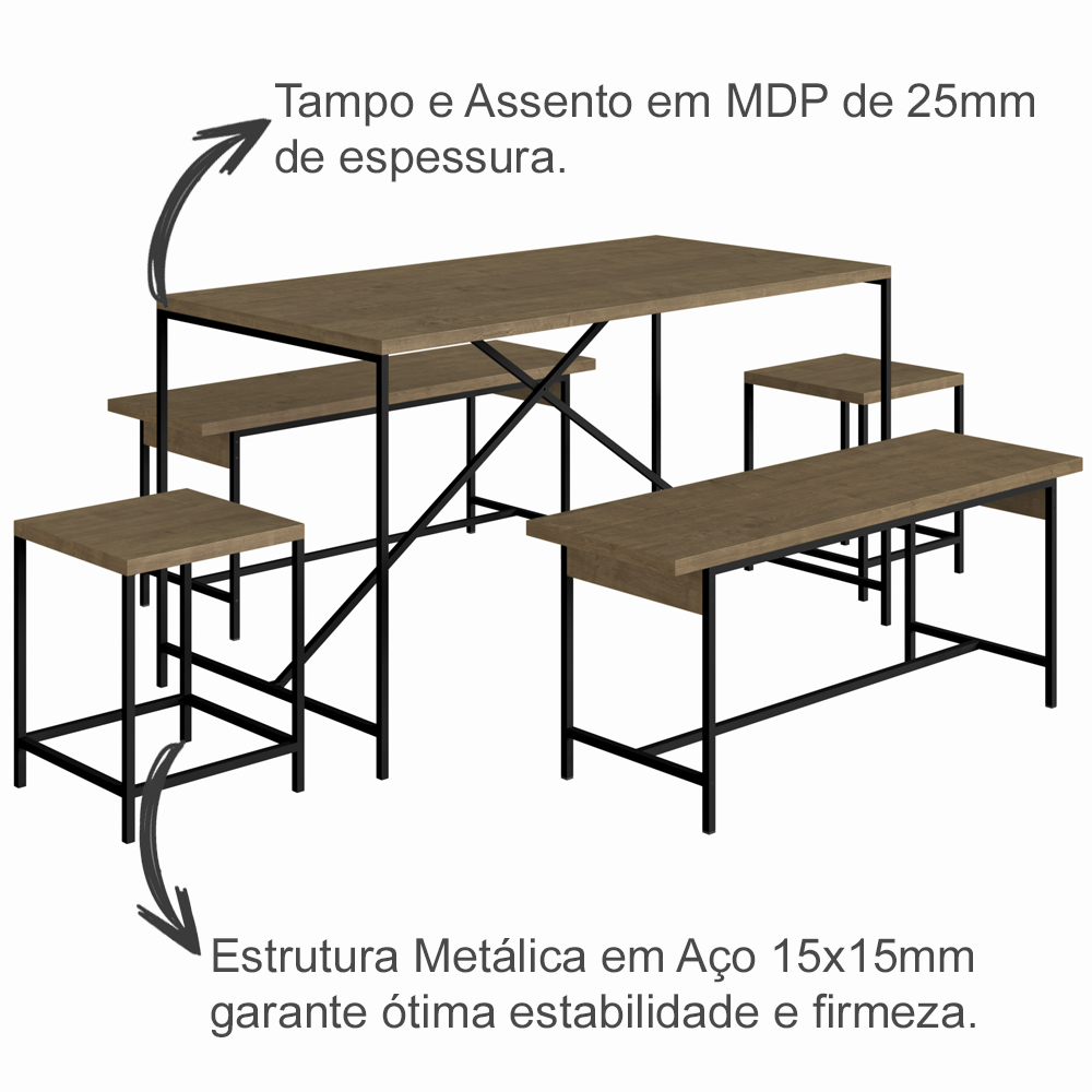 Conjunto Mesa De Jantar Com 4 Bancos Est Aço Steel Quadra 27924 Vermont Artesano