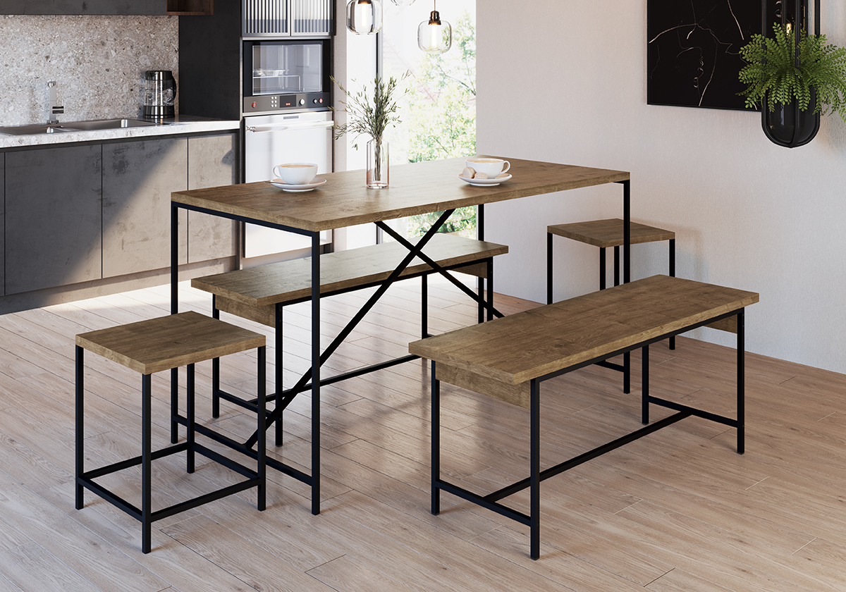 Conjunto Mesa De Jantar Com 4 Bancos Est Aço Steel Quadra 27924 Vermont Artesano