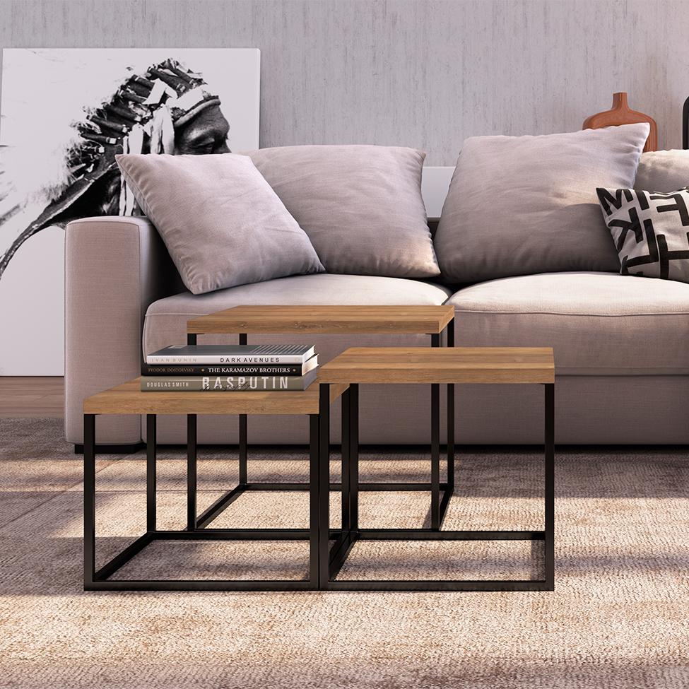 Conjunto com 3 Mesas de Centro Cube Vermont e Preto