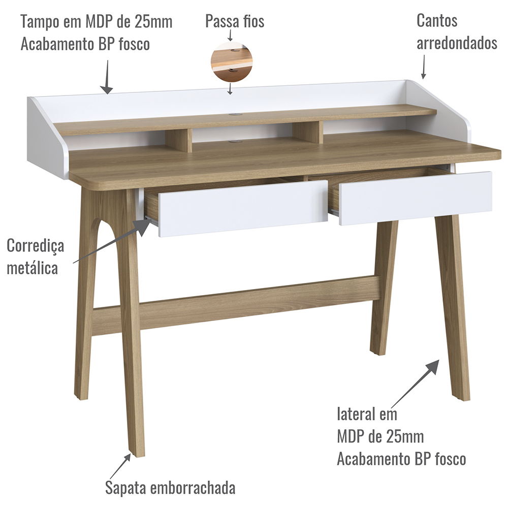Escrivaninha 2 Gavetas 139 cm 27999 Hanover Branco Artesano
