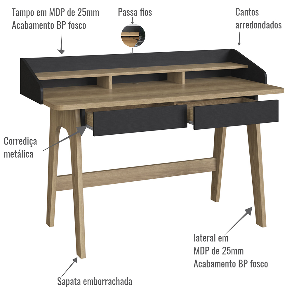 Escrivaninha 2 Gavetas 139 cm 27999 Hanover Nero Artesano