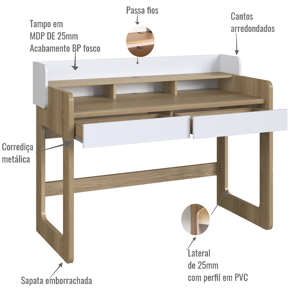 Escrivaninha 2 Gavetas E Gaveteiro 28000X27998 Hanover Branco Artesano