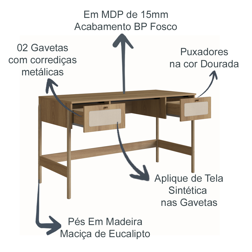 Escrivaninha 2 Gavetas Palhinha 27931 Linha Oslo Hanover Artesano