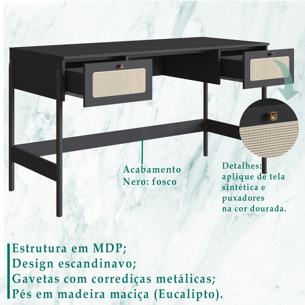 Escrivaninha 2 Gavetas Palhinha 27931 Linha Oslo Nero Artesano