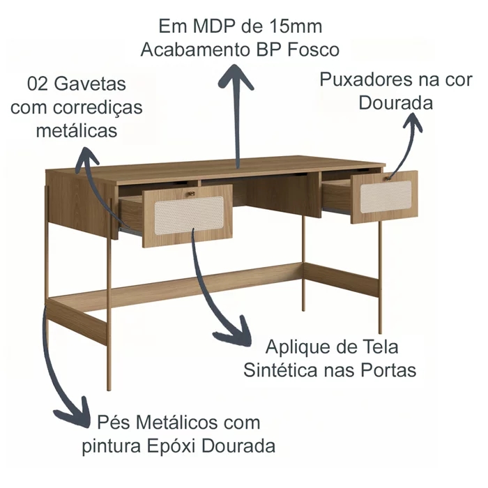 Escrivaninha 2 Gavetas Palhinha 28931 Linha Oslo Hanover Artesano