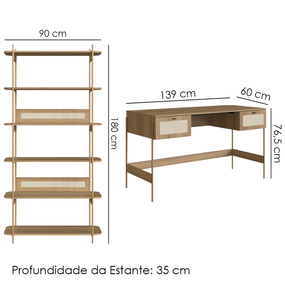 Escrivaninha E Estante 28974 Palhinha Pes Metal Hanover Dourado Artesano