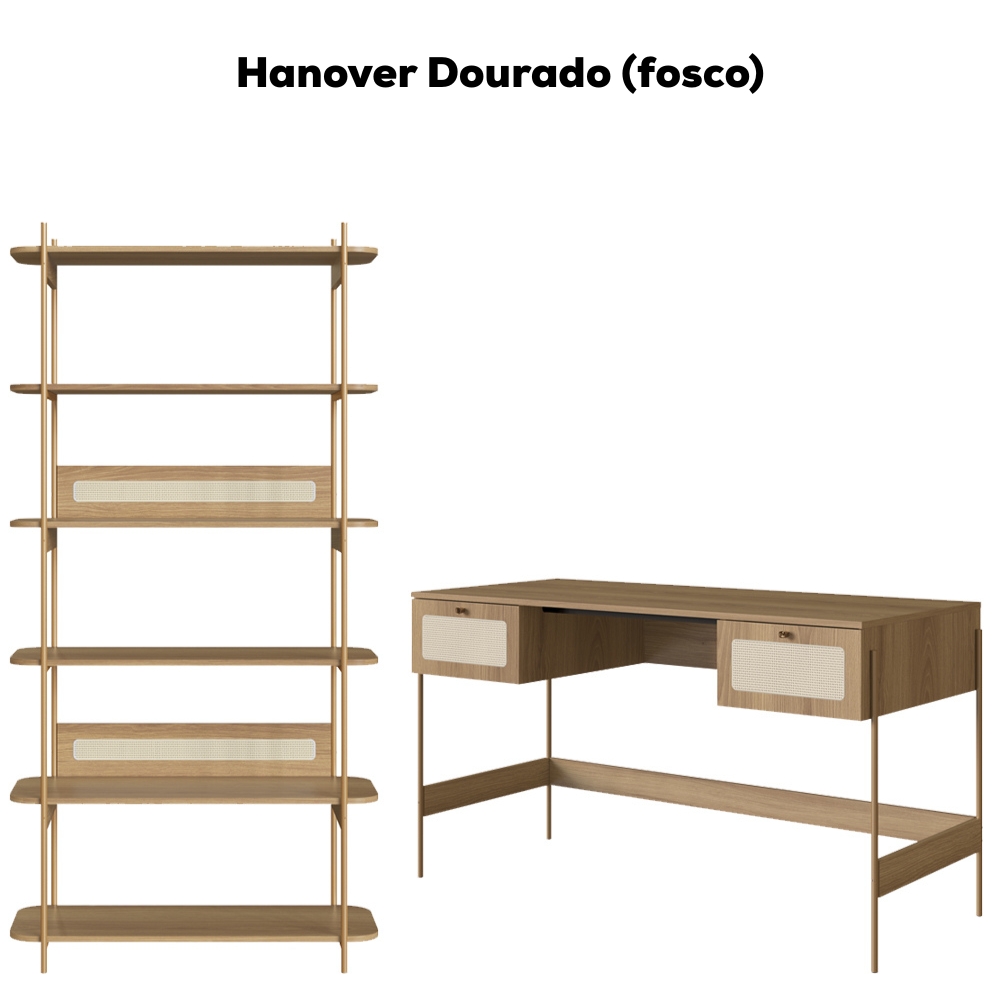 Escrivaninha E Estante 28974 Palhinha Pes Metal Hanover Dourado Artesano