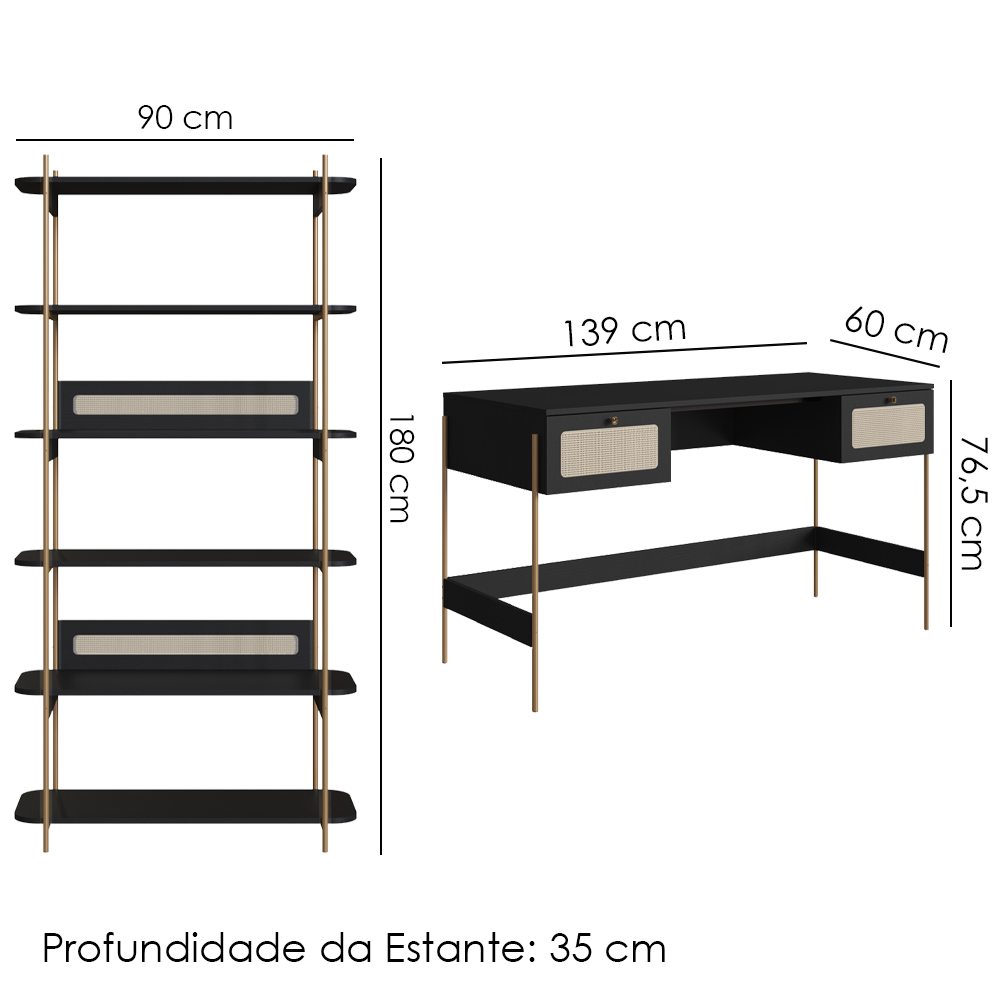 Escrivaninha E Estante 28974 Palhinha Pes Metal Nero Dourado Artesano