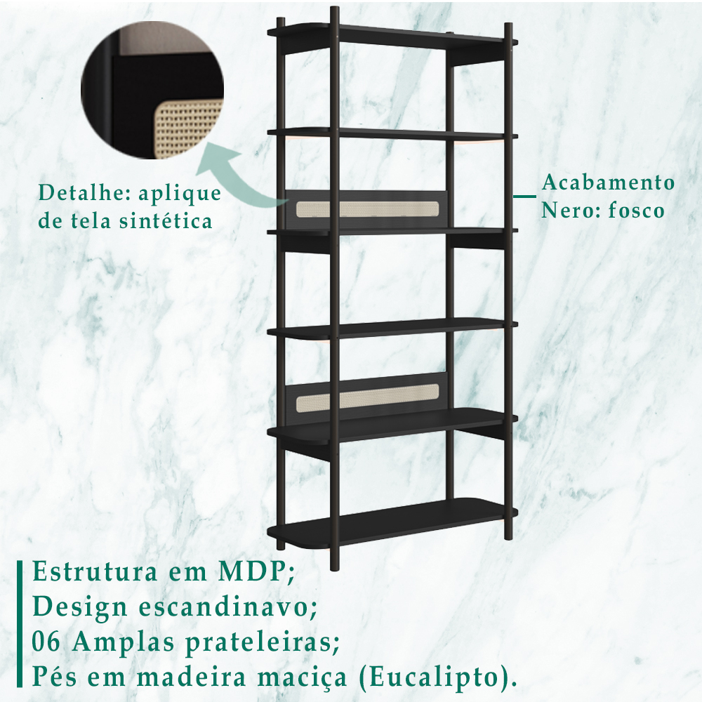 Estante 180 CM 6 Prateleiras Pes Madeira Oslo 27965 Nero Artesano
