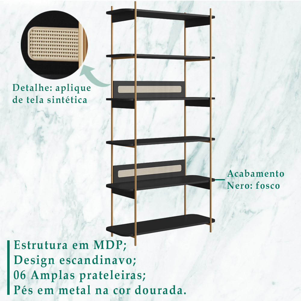 Estante 180 CM 6 Prateleiras Pes Metal Oslo 28965 Nero Artesano