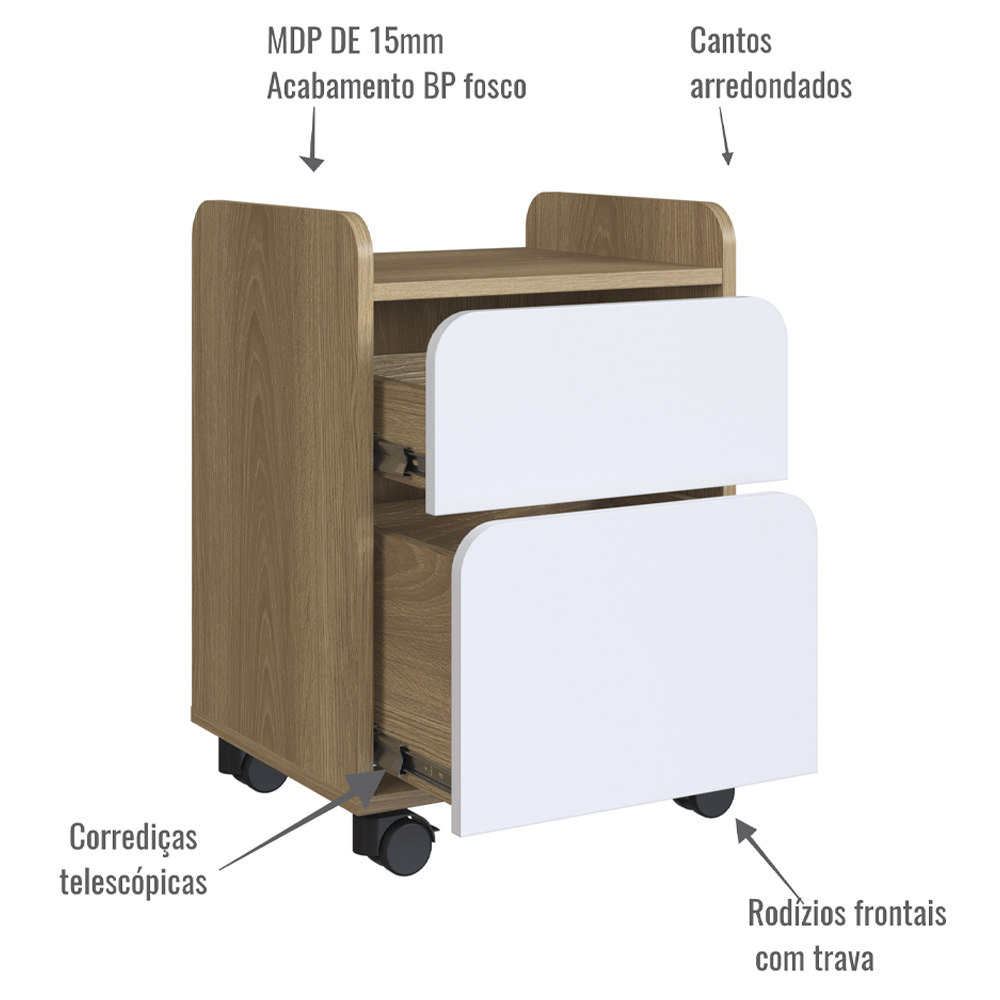 Gaveteiro 2 Gavetas Com Rodízios 27998 Hanover Branco Artesano