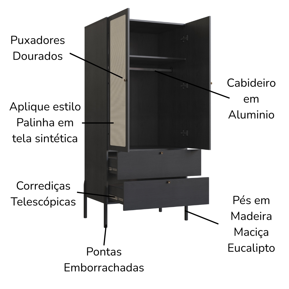 Guarda Roupa Solteiro Palhinha 28025 180x80 cm Nero Preto Artesano