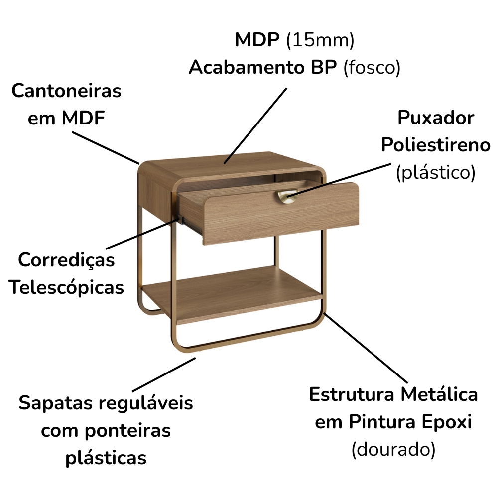 Kit 02 Mesas De Cabeceira 1G Organica 60 cm 28061 Hanover Dourado Artesano