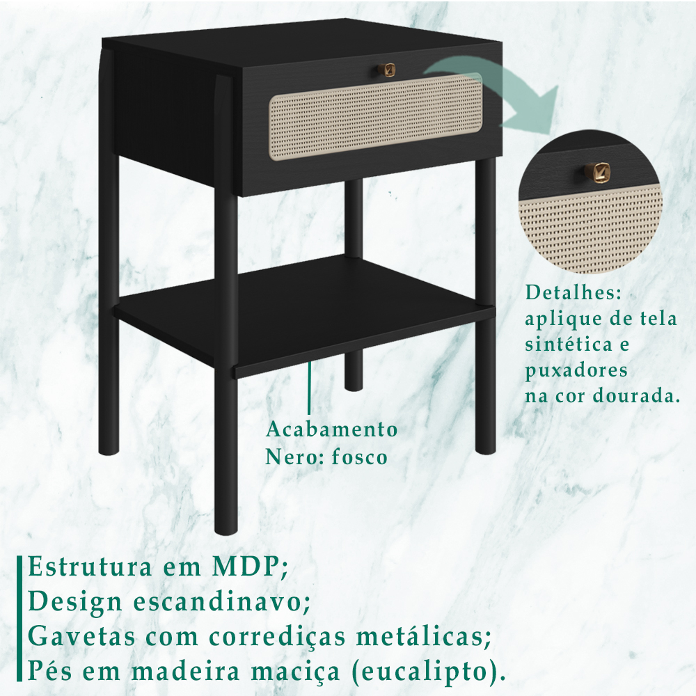 Kit 02 Mesas de Cabeceira 1 Gv Palhinha 27932 Linha Oslo Nero Artesano
