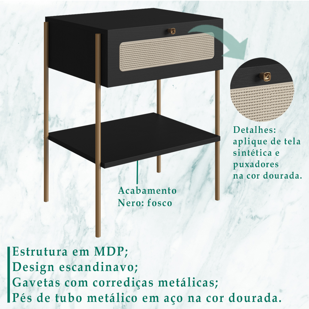 Kit 02 Mesas de Cabeceira 1 Gv Palhinha 28932 Linha Oslo Nero Artesano