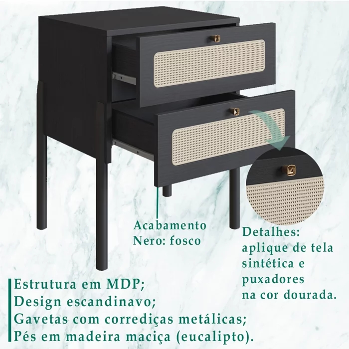 Kit 02 Mesas de Cabeceira Palhinha 27933 Linha Oslo Nero Artesano