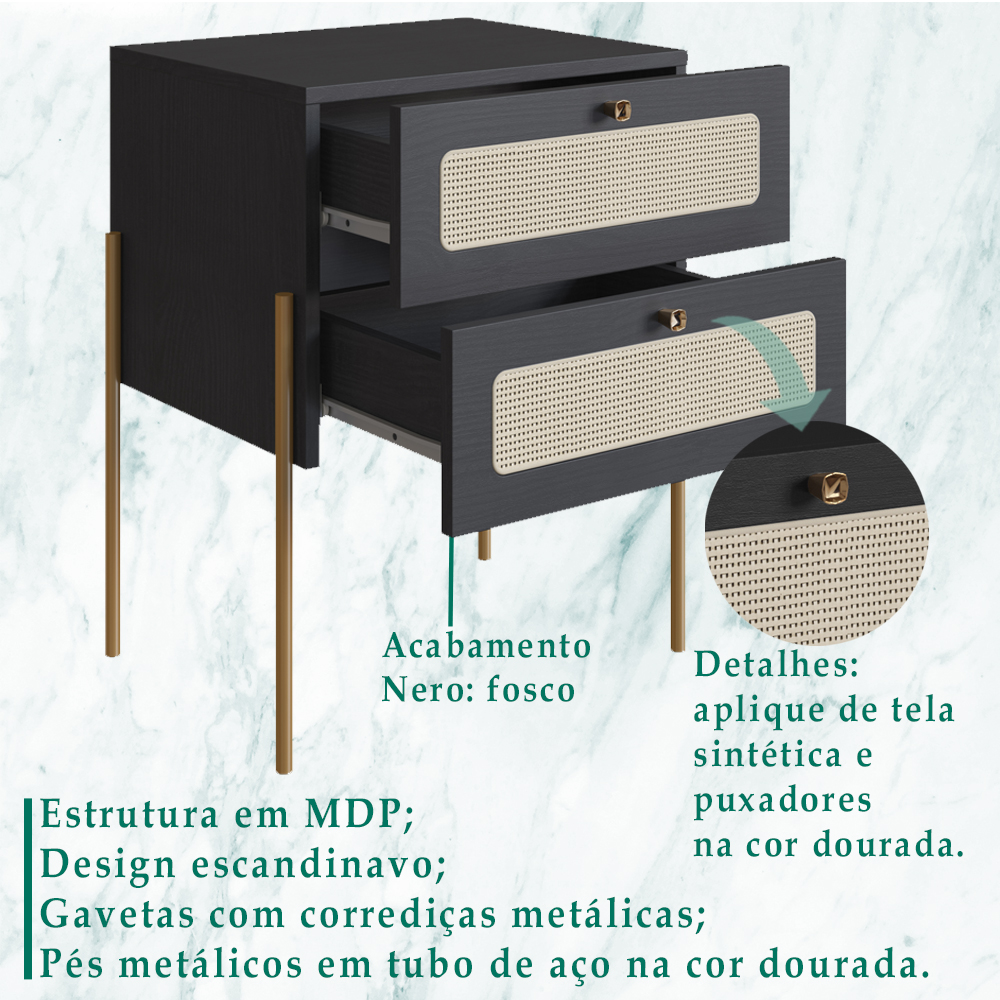 Kit 02 Mesas de Cabeceira Palhinha 28933 Linha Oslo Nero Artesano
