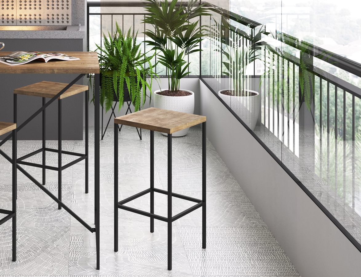 Kit Com 02 Banqueta Alta Steel Quadra 27816 Vermont Preto Fosco Artesano