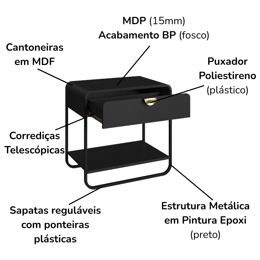 Mesa De Cabeceira 1G Organica 60 cm 28061 Nero Preto Artesano