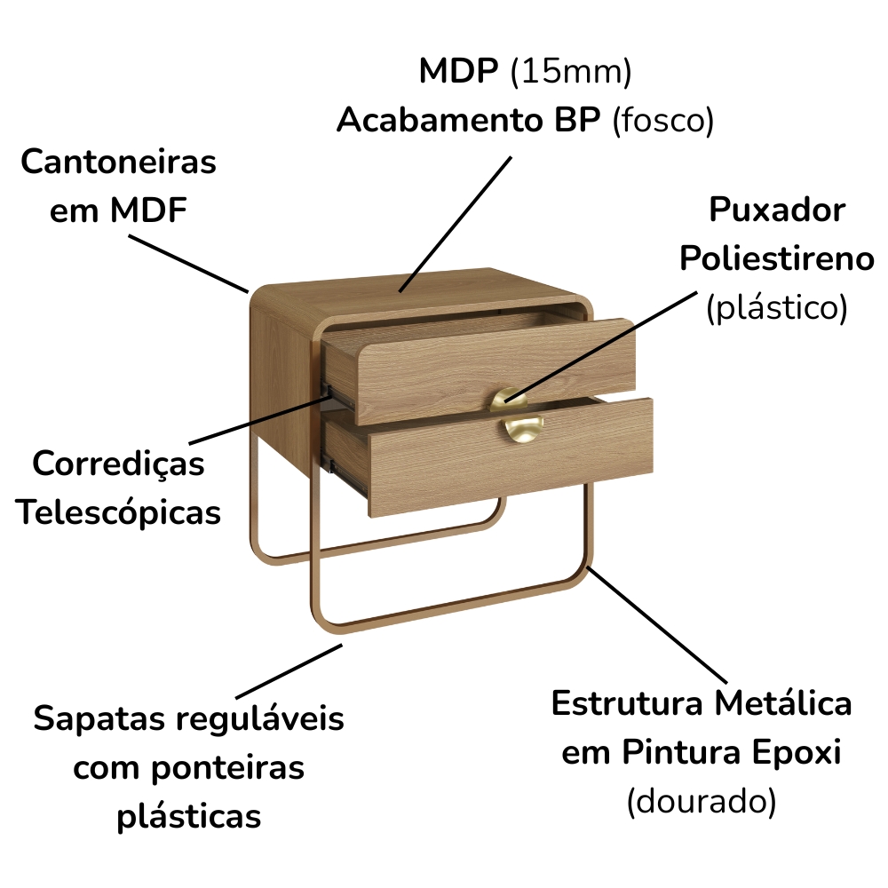 Mesa De Cabeceira 2G Organica 60 cm 28062 Hanover Dourado Artesano