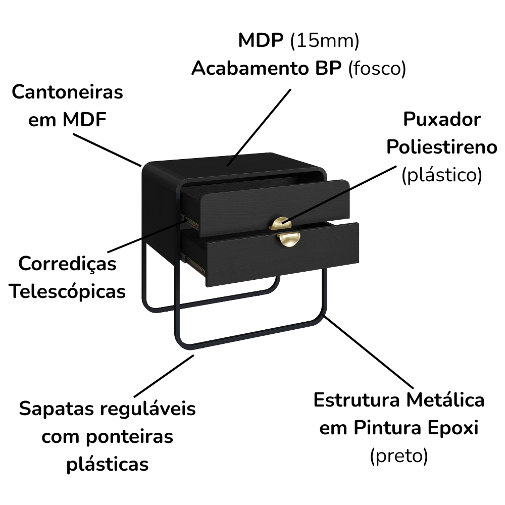 Mesa De Cabeceira 2G Organica 60 cm 28062 Nero Preto Artesano