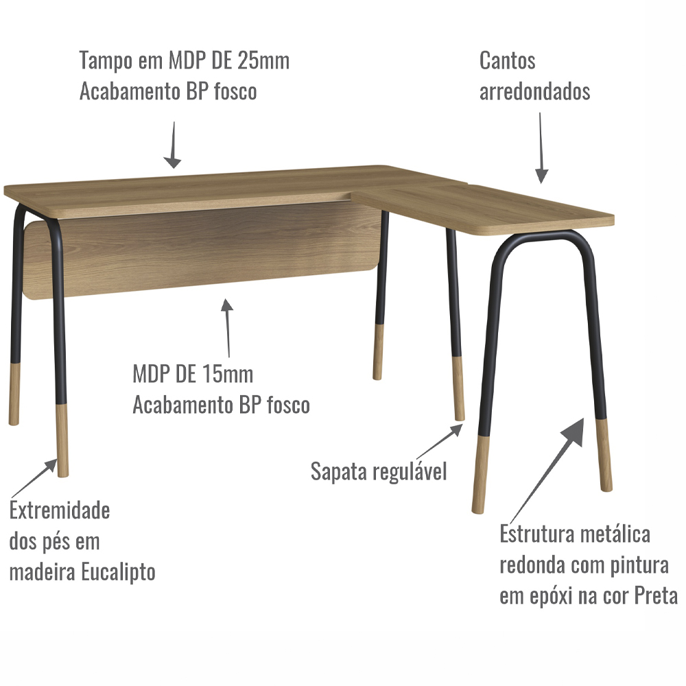 Mesa Escrivaninha Em L 136 cm 28001 Hanover Preto Artesano