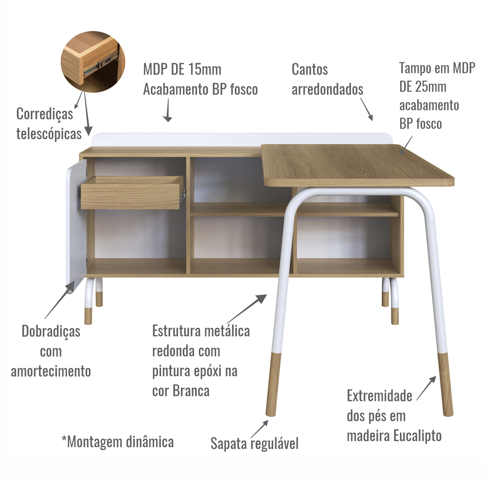 Mesa Escrivaninha Em L 28003 Hanover Branco Artesano
