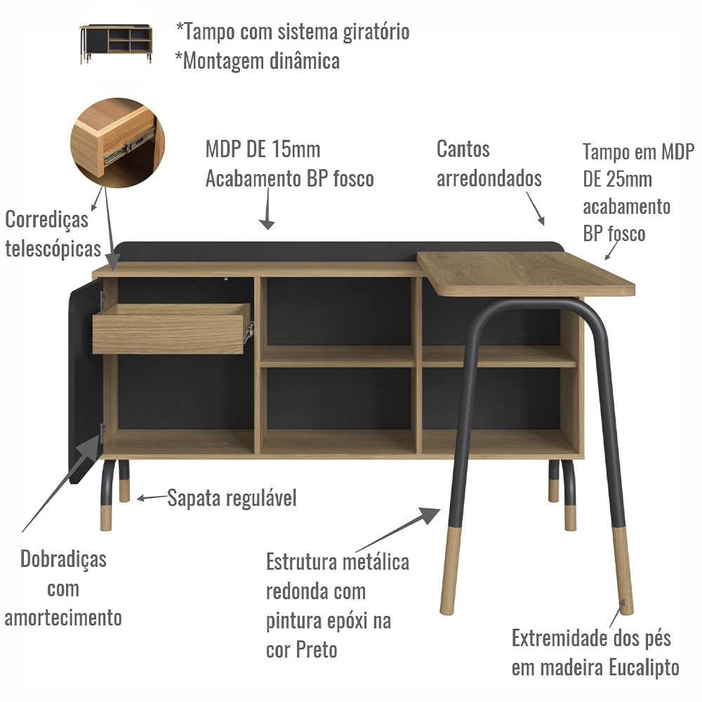 Mesa Escrivaninha Giratoria 28005 Hanover Branco Artesano