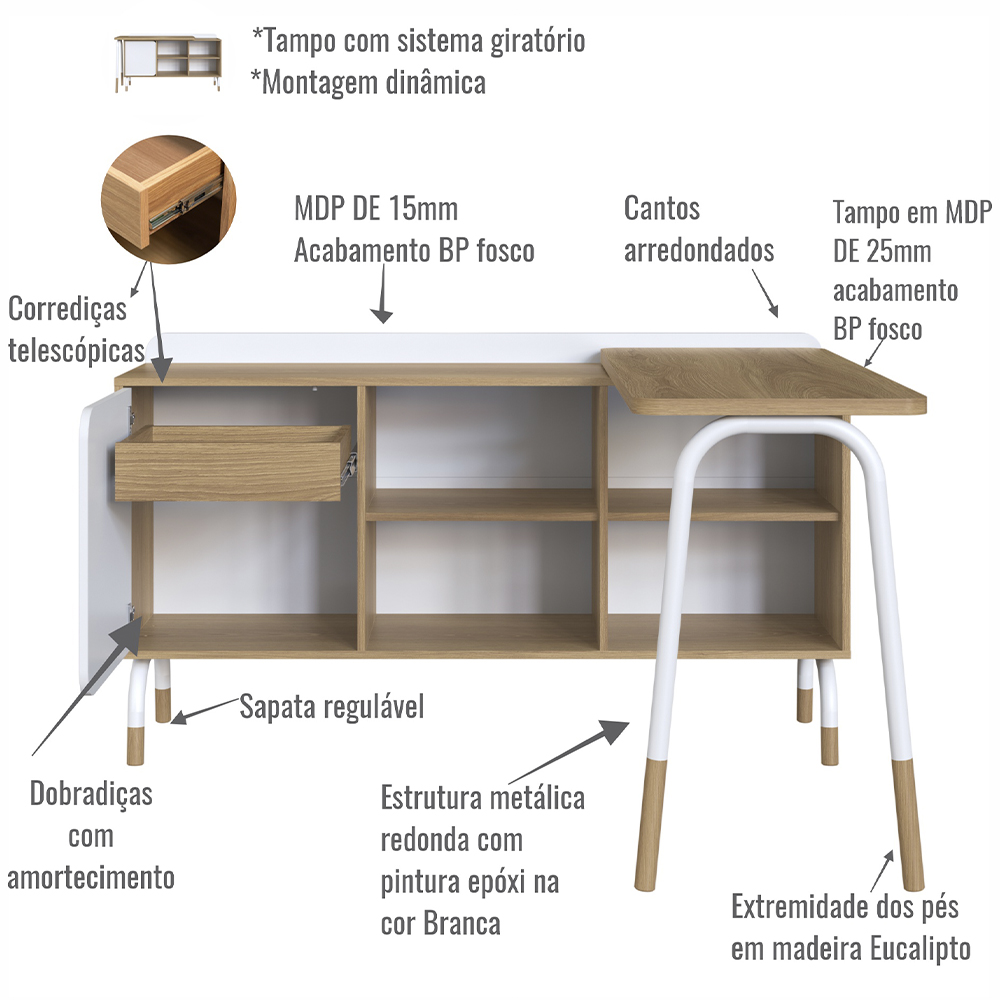 Mesa Escrivaninha Giratoria 28005 Hanover Nero Artesano