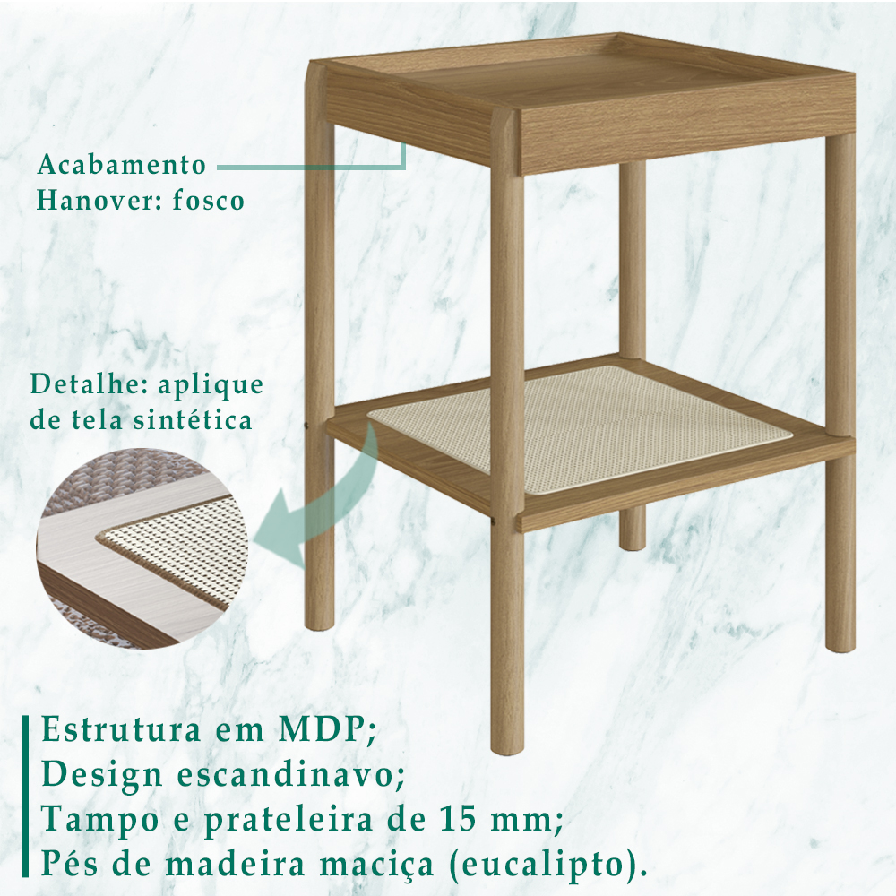 Mesa Lateral 58 CM Pes Madeira Palhinha Oslo 27962 Hanover Artesano