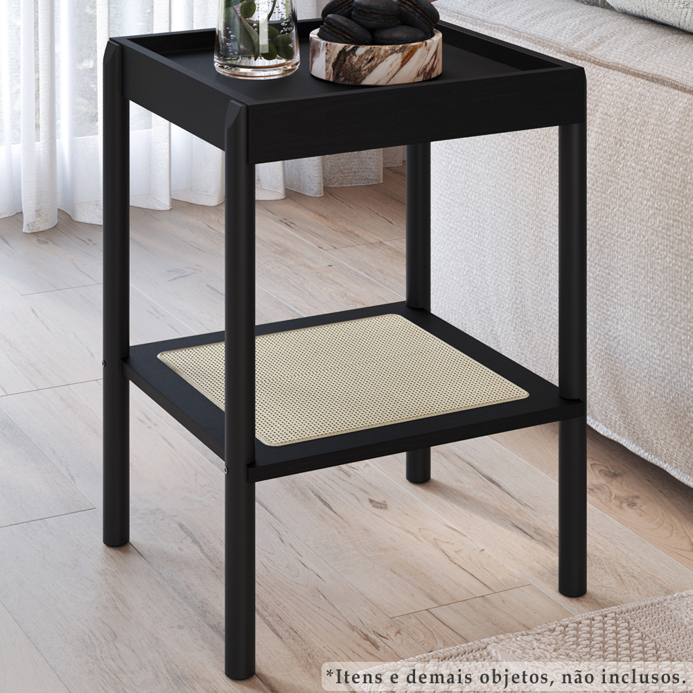 Mesa Lateral 58 CM Pes Madeira Palhinha Oslo 27962 Nero Artesano