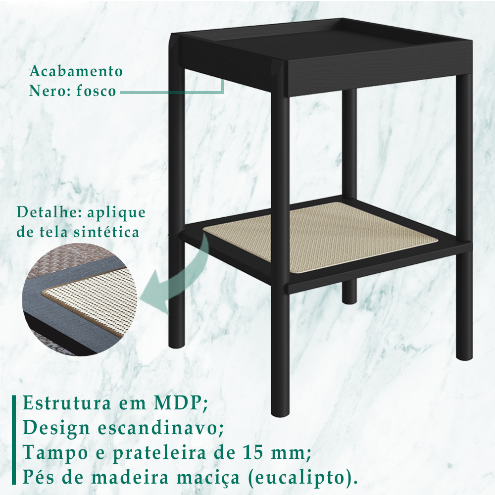 Mesa Lateral 58 CM Pes Madeira Palhinha Oslo 27962 Nero Artesano